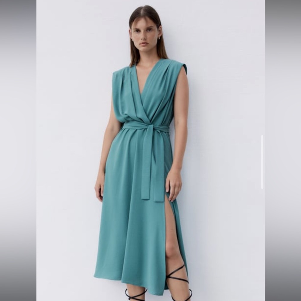 Zara sea green belted wrap dress - Picture 1 of 4